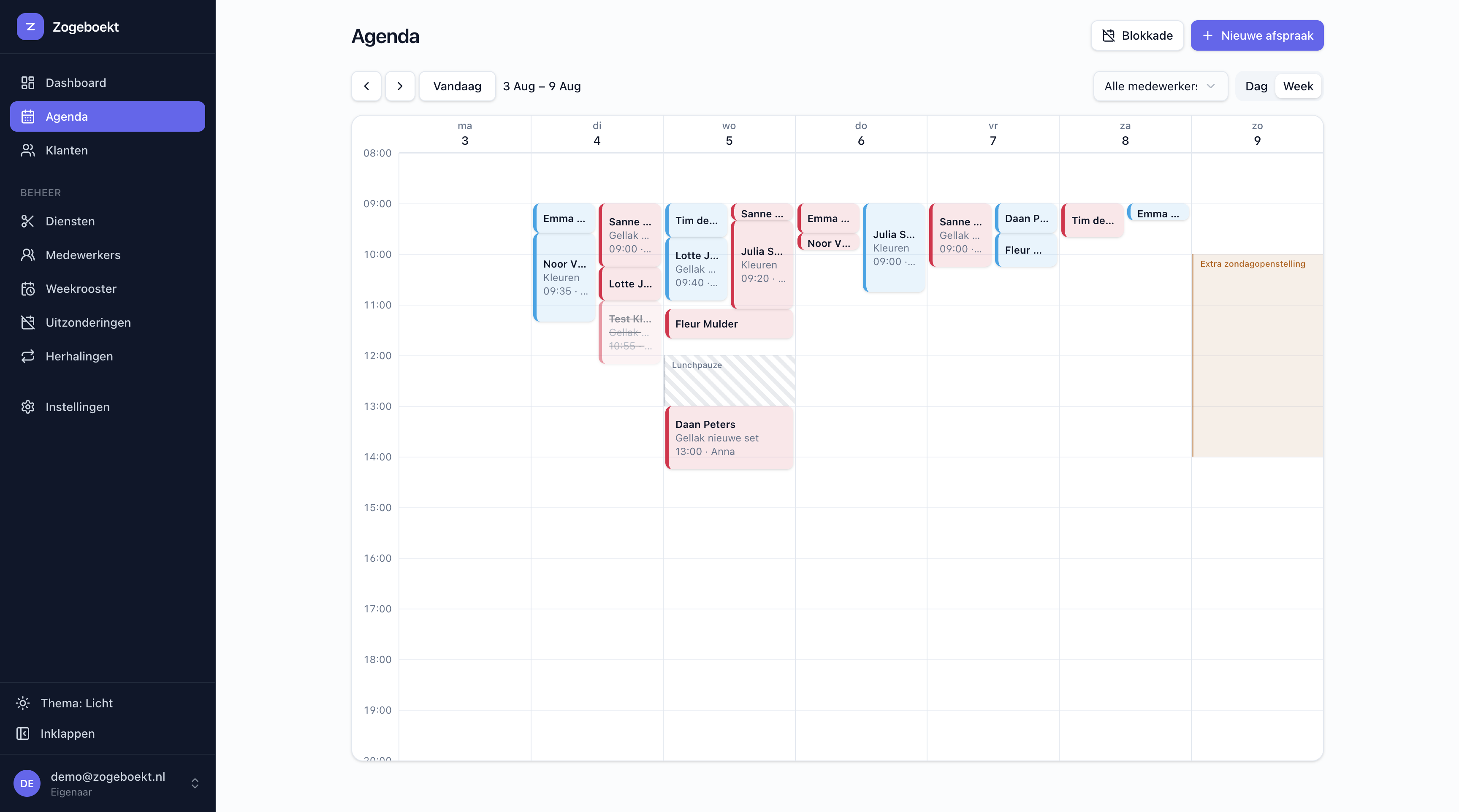 Het Zogeboekt-dashboard met de dag- en weekagenda